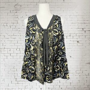 Rozae Size Small Silk Blouse Sleeveless Tie V-Neck All Over Print BOHO USA Made